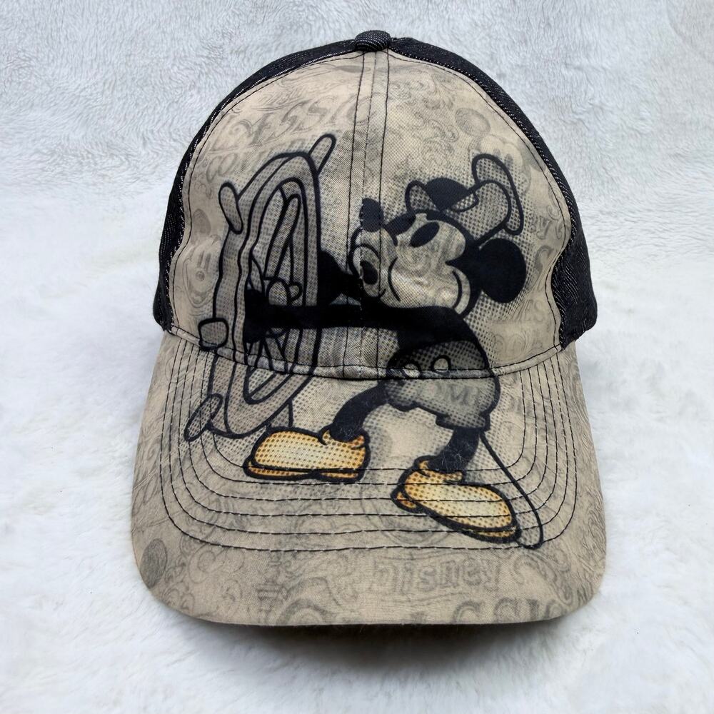 Disney Parks Steamboat Willie Mickey Mouse Baseball Cap Adult Size NWT Black Hat